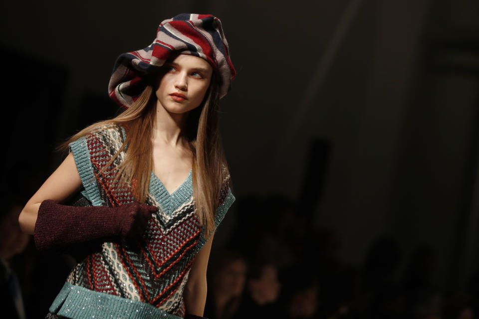 A model wears a creation as part of the Missoni Fall/Winter 2020 collection, presented in Milan, Italy, Saturday, Feb. 22, 2020. (AP Photo/Antonio Calanni)