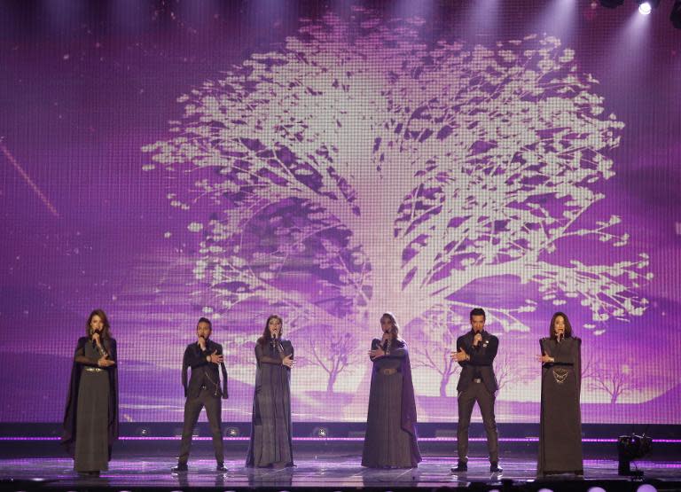 The band Genealogy from Armenia perform during a dress rehearsal for the first semi-final of the Eurovision Song Contest on May 18, 2015 in Vienna