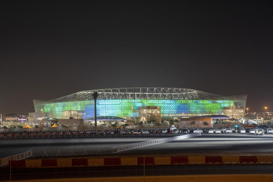 A general view of the Al-Rayan Stadium in Doha, Qatar, Monday, Dec. 6, 2021. Qatar has built eight stadiums for this World Cup and created an entire new city of Lusail where the final will be held. (AP Photo/Darko Bandic)