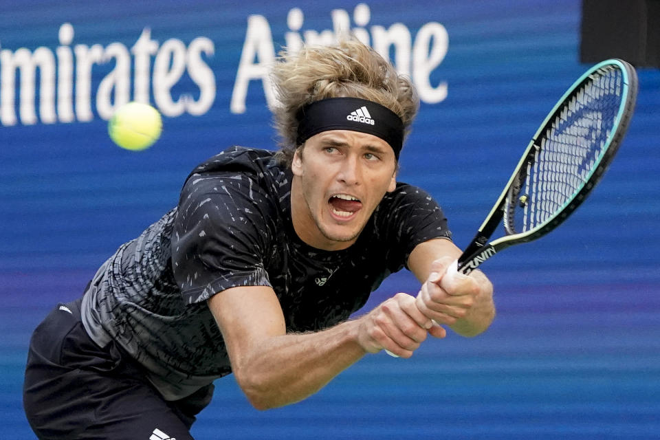 Alexander Zverev, of Germany, returns a shot to Albert Ramos-Vinolas, of Spain, during the second round of the US Open tennis championships, Thursday, Sept. 2, 2021, in New York. (AP Photo/Elise Amendola)