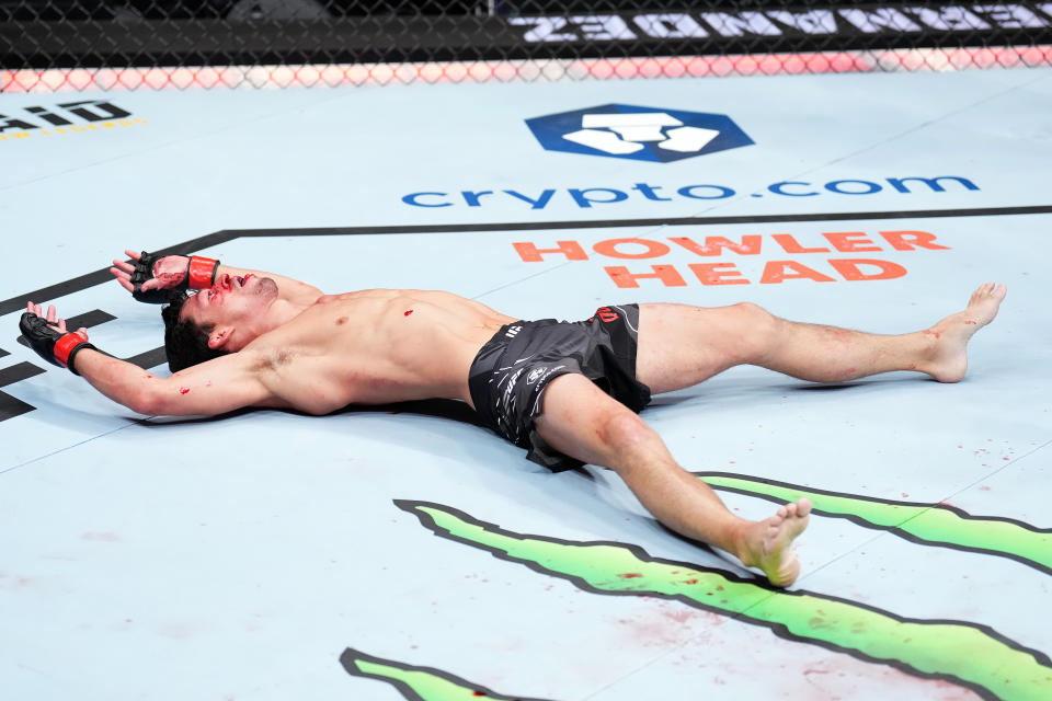 LAS VEGAS, NEVADA - DECEMBER 10: Billy Quarantillo celebrates after defeating Alexander Hernandez in a featherweight fight during the UFC 282 event at T-Mobile Arena on December 10, 2022 in Las Vegas, Nevada. (Photo by Chris Unger/Zuffa LLC)