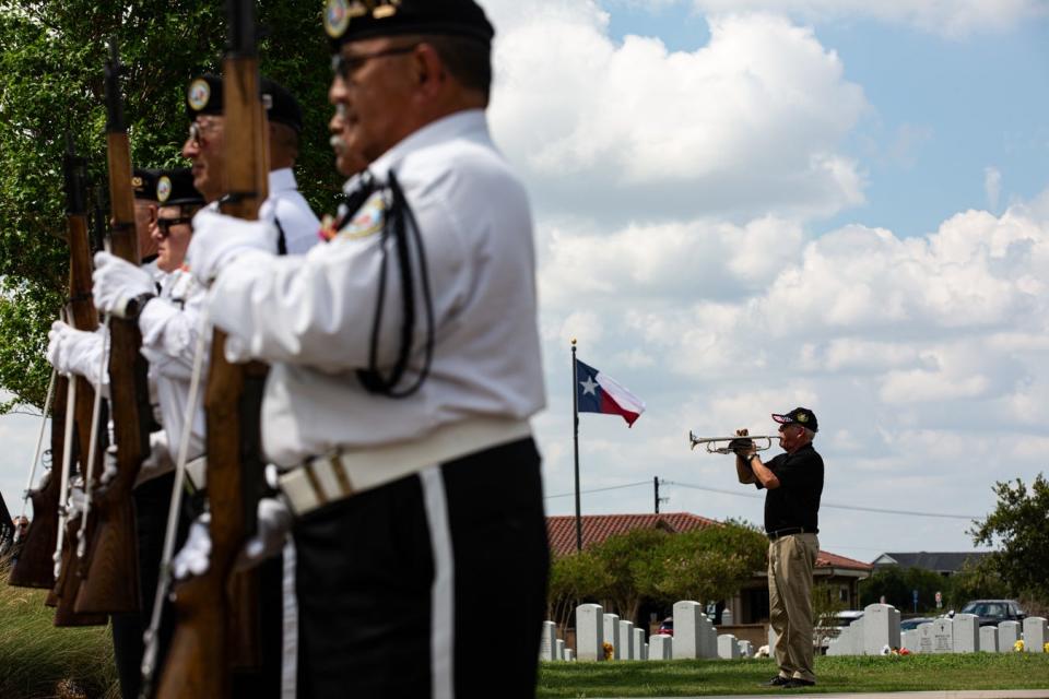 Veterans Band trumpet player and retired Army Specialist IV, Joel Torres, sounds Taps at a ground breaking ceremony for an expansion of the Coastal Bend State Veterans Cemetery on Friday, Sept. 22, 2023, in Corpus Christi, Texas.