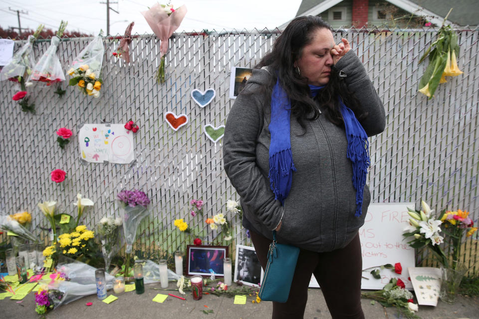 A memorial near the burned warehouse in Oakland, Calif.