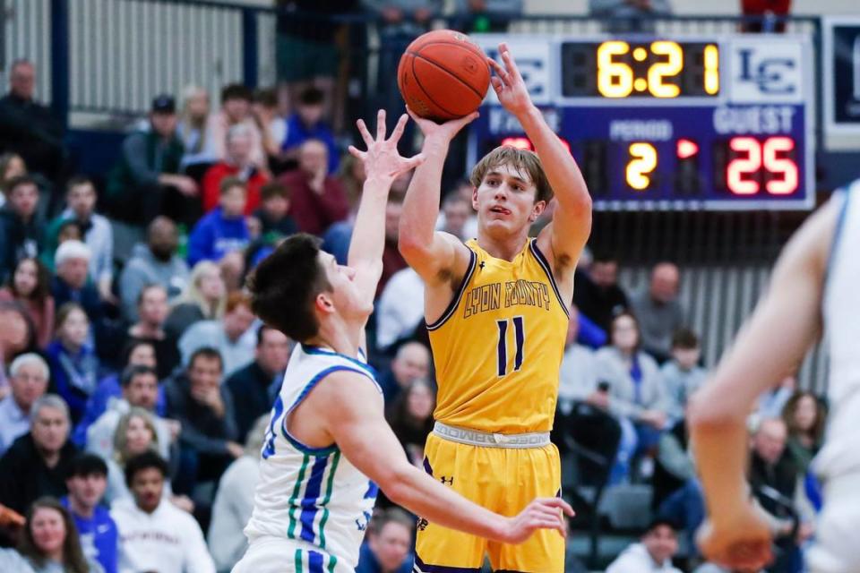 Lyon County star Travis Perry (11) shattered one of the most venerated records in Kentucky sports in 2023 when he passed 1950s icon “King” Kelly Coleman of Wayland as the all-time leading scorer in Kentucky boys high school basketball history.