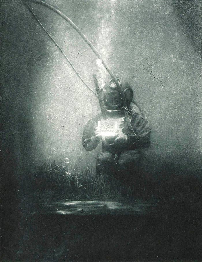 The very first picture taken underwater was done some years earlier, but that was done by attaching a camera to a pole and lowering it into the water. This is the first taken by a diver also submerged.