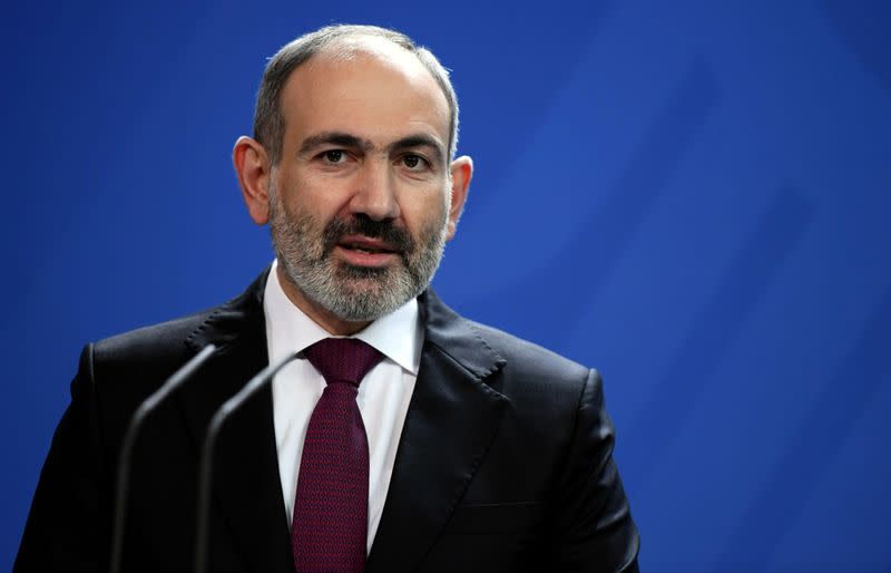 German Chancellor Angela Merkel and Armenia's Prime Minister Nikol Pashinyan hold a joint news conference at the Chancellery in Berlin