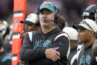 Jacksonville Jaguars head coach Doug Pederson watches his team during the NFL football game between Denver Broncos and Jacksonville Jaguars at Wembley Stadium London, Sunday, Oct. 30, 2022. (AP Photo/Kirsty Wigglesworth)
