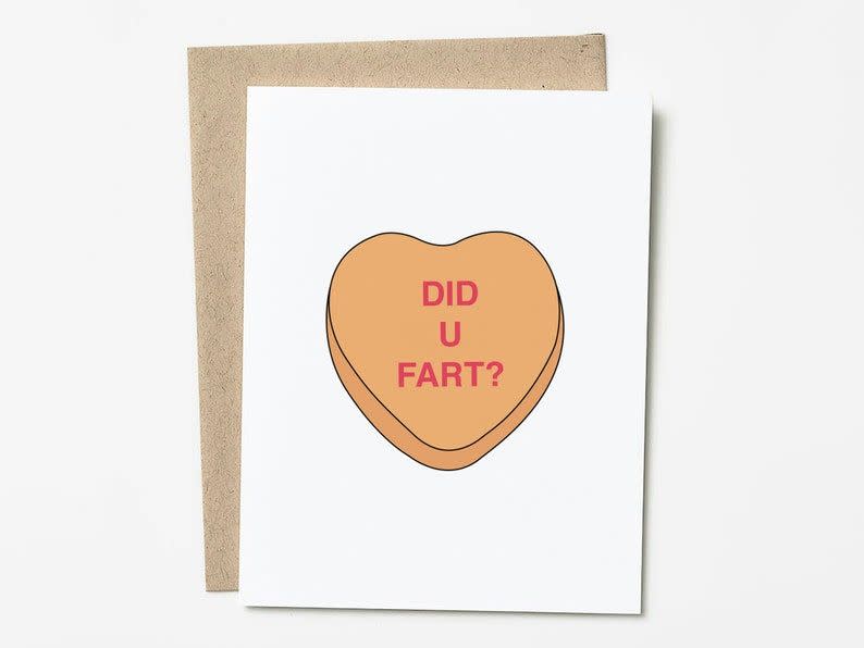 <p>Did U Fart Candy Heart Valentines Day Card</p><p>etsy.com</p><p>$8.95</p><p><a href="https://go.redirectingat.com?id=74968X1596630&url=https%3A%2F%2Fwww.etsy.com%2Flisting%2F917546314%2Ffunny-candy-heart-valentines-day-card&sref=https%3A%2F%2Fwww.seventeen.com%2Flove%2Fa20368%2Faffordable-boyfriend-valentines-day-gifts%2F" rel="nofollow noopener" target="_blank" data-ylk="slk:Shop Now;elm:context_link;itc:0;sec:content-canvas" class="link ">Shop Now</a></p><span class="copyright">etsy.com</span>