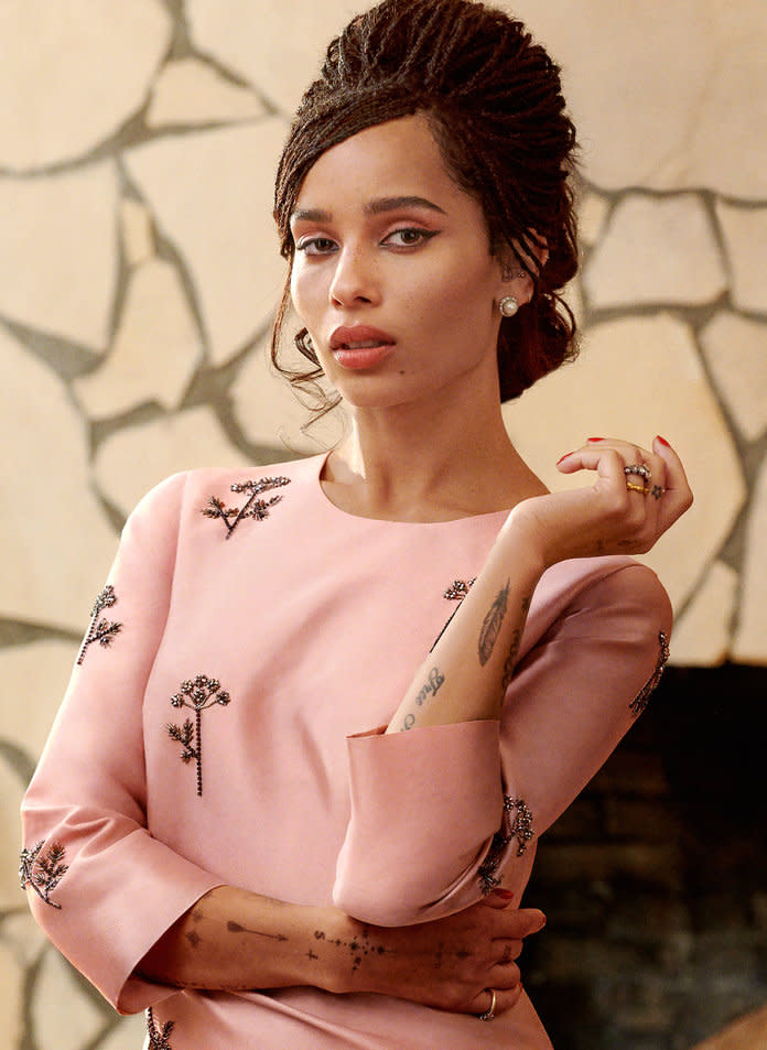 <p><em>Zoë Kravitz in an Erdem dress. Pearl studs Turner & Tatler by Cindy Chaplin. Photo: Pamela Hanson/LGA Management</em></p>