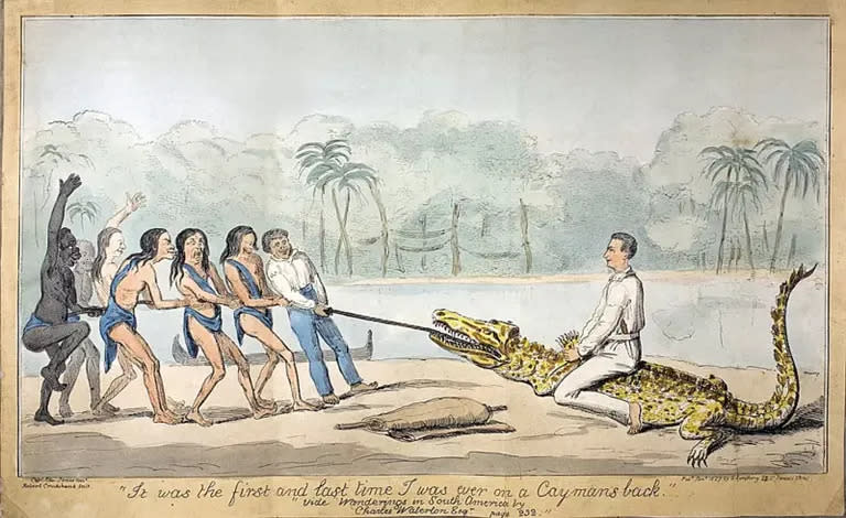 "Fue la primera y última vez que estuve en el lomo de un caimán", dice esta imagen de una famosa aventura de Waterton ocurrida durante su viaje a Demerara (Guyana) en 1820. Lo acompañan nativos y esclavos negros... uno de ellos era ese hombre sin nombre