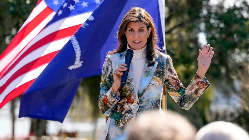 PHOTO: Republican presidential candidate former UN Ambassador Nikki Haley speaks at a campaign rally, Feb. 13, 2024, in Bluffton, S.C.  (Meg Kinnard/AP)