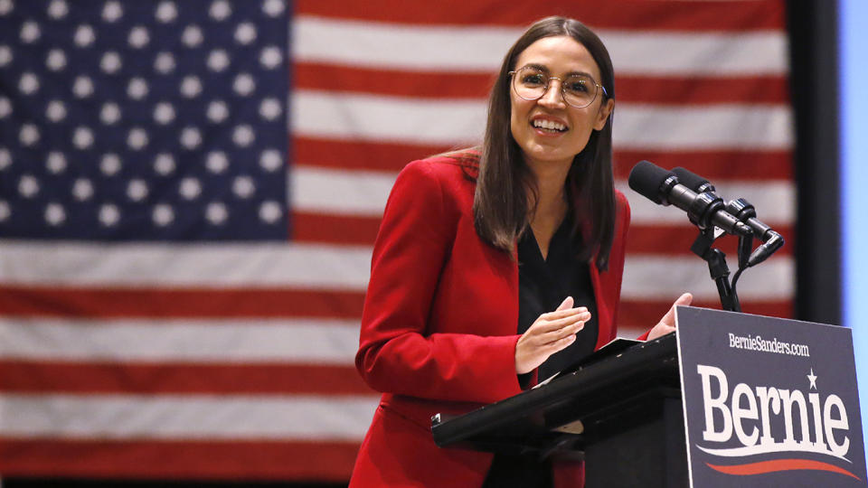 Rep. Alexandria Ocasio-Cortez, D-N.Y., speaks as a surrogate for Democratic Presidential Candidate Bernie Sanders at the University of Iowa Friday, Jan.24, 2020, in Iowa City, Iowa. (AP Photo/Sue Ogrocki)