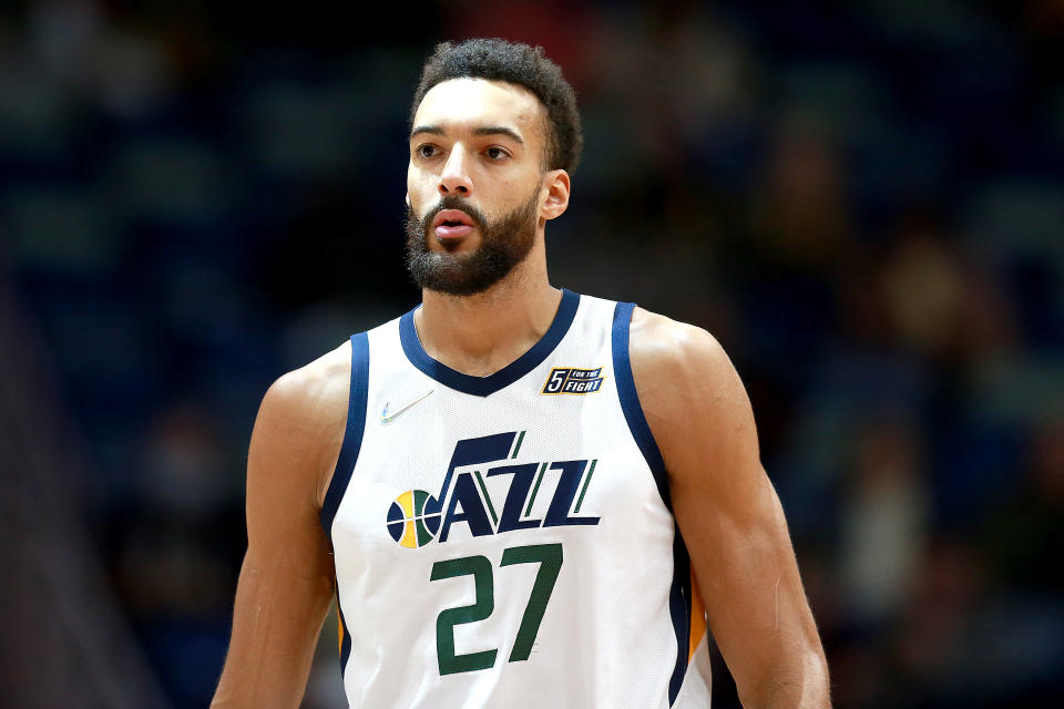 NEW ORLEANS, LOUISIANA - JANUARY 03: Rudy Gobert #27 of the Utah Jazz stands on the court prior to the start of a NBA game against the New Orleans Pelicans at Smoothie King Center on January 03, 2022 in New Orleans, Louisiana. NOTE TO USER: User expressly acknowledges and agrees that, by downloading and or using this photograph, User is consenting to the terms and conditions of the Getty Images License Agreement. (Photo by Sean Gardner/Getty Images)