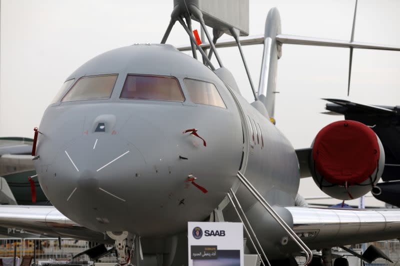 A GlobalEye aircraft, manufactured by Saab Technologies, on static display during the fifth day of Dubai Air Show in Dubai