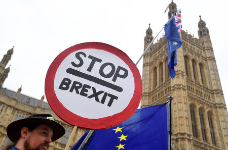 Anti-Brexit protesters wave flags and placards opposite the Houses of Parliament in London, Britain, December 10, 2018. REUTERS/Toby Melville