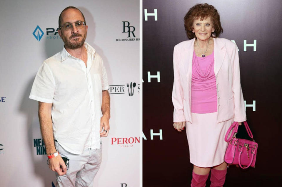 left: Darren Aronofsky at a reception for "Catch the Fair One" on June 13, 2021, right: Vera Fried poses at the New York City premiere of "Noah"