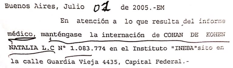 A dos semanas del ingreso al INEBA, la jueza Civil avaló y mantuvo la internación de Cohan de Kohen