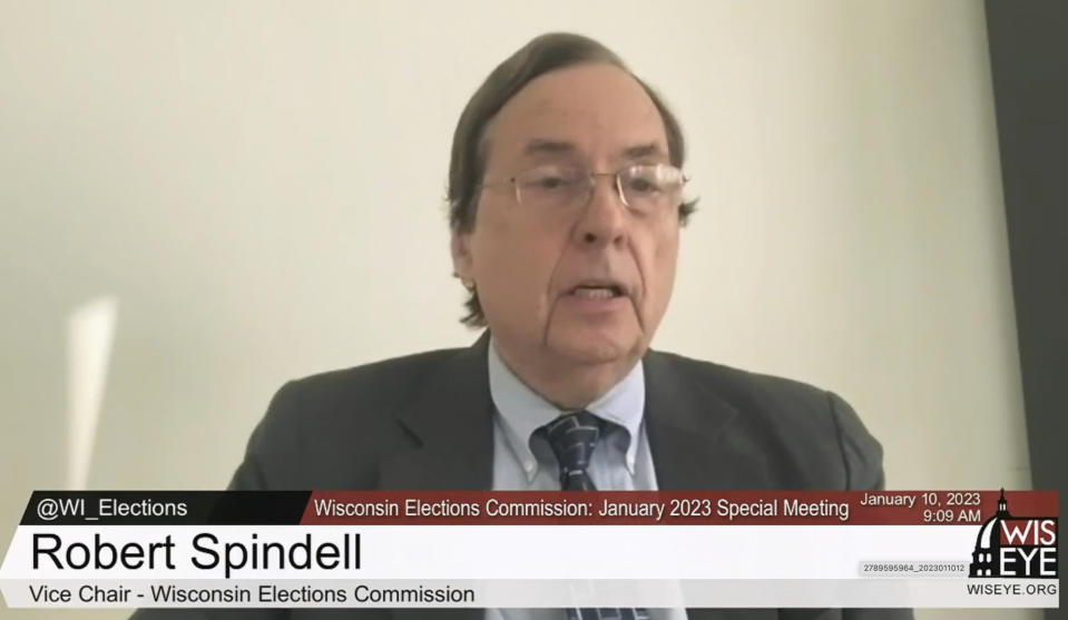 In this image made from video of WisconsinEye feed, Commissioner Robert Spindell Jr. speaks during a virtual Wisconsin Elections Commission meeting on Tuesday, Jan. 10, 2023. Black and Hispanic voters reacted Thursday, Jan. 12, 2023 to news that Spindell, a Republican member of the state elections commission, was bragging about low turnout among minorities in Milwaukee, a key factor in U.S. Sen. Ron Johnson's narrow win over a candidate seeking to become the first Black senator from the state. (WisconsinEye via AP)