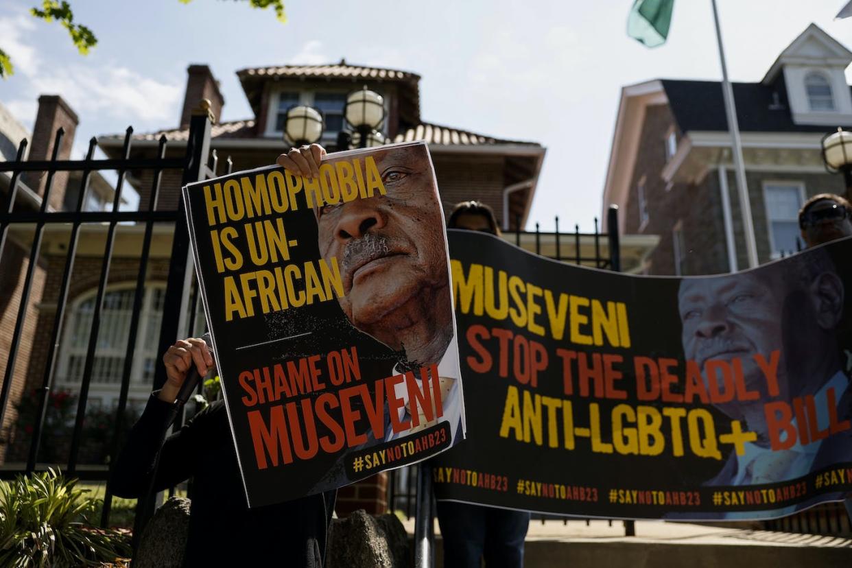 Activists protest outside the Ugandan Embassy in Washington DC on April 25, 2023. Anna Moneymaker/Getty Images