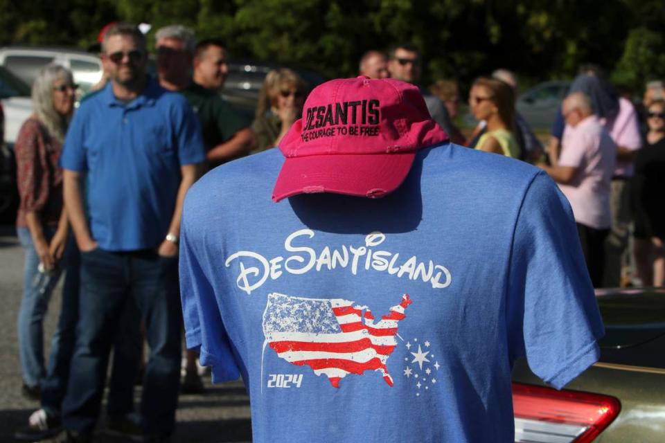 Merchandise is displayed for sale outside North Baptist Church where Florida Gov. Ron DeSantis spoke during a tour in Spartanburg, South Carolina, on Wednesday April 19, 2023.