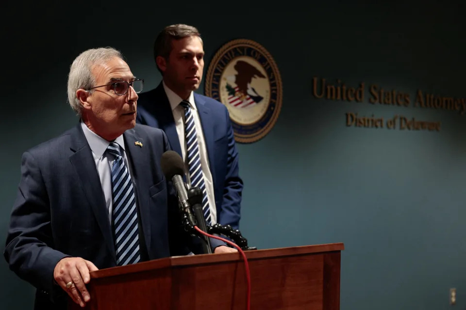U.S. Department of Justice Special Counsel David Weiss speaks to the media during a news conference, next to the U.S. Attorney Derek E. Hines, after the jury finds Hunter Biden guilty on all three counts in his trial on criminal gun charges, in Wilmington, Delaware, on June 11, 2024.