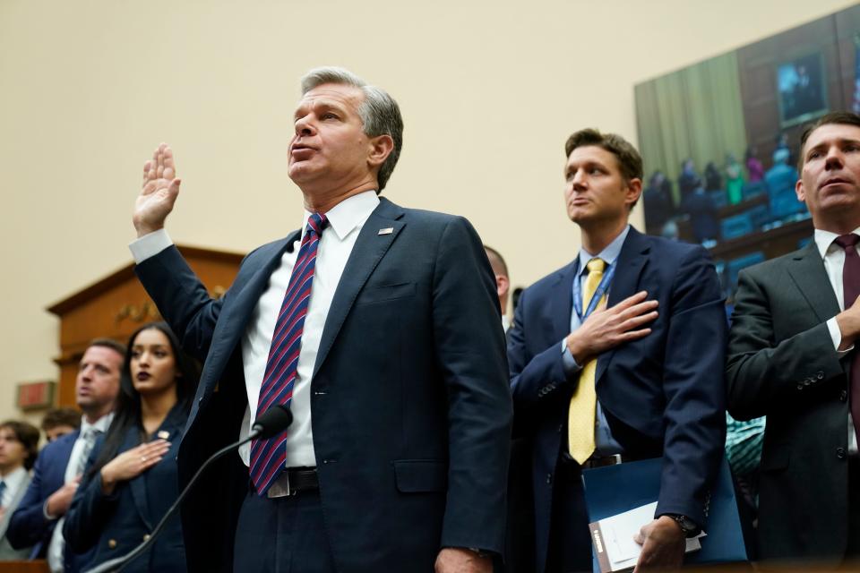 Christopher Wray, Director of the FBI, testifies in front of the House Judiciary Committee in Washington on July 12, 2023.