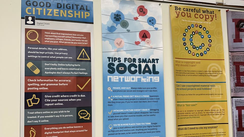 Media literacy posters are seen inside South Brunswick High School in New Jersey. - Alisha Ebrahimji/CNN