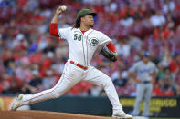 Cincinnati Reds pitcher Luis Castillo throws during the first inning of the team's baseball game against the Los Angeles Dodgers in Cincinnati, Friday, Sept. 17, 2021. (AP Photo/Aaron Doster)