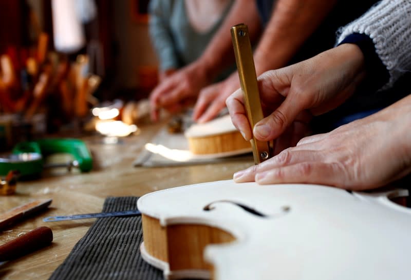 A replica of Antonio Stradivari's 'Huberman' violin in the making is seen at the shop of internationally recognised self-taught craftsman Svetozar Bogdanovski, in Veles