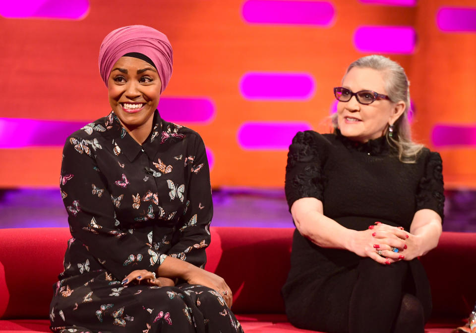 Nadiya Hussain and Carrie Fisher appearing on the Graham Norton Show filmed at the London Studios. London.