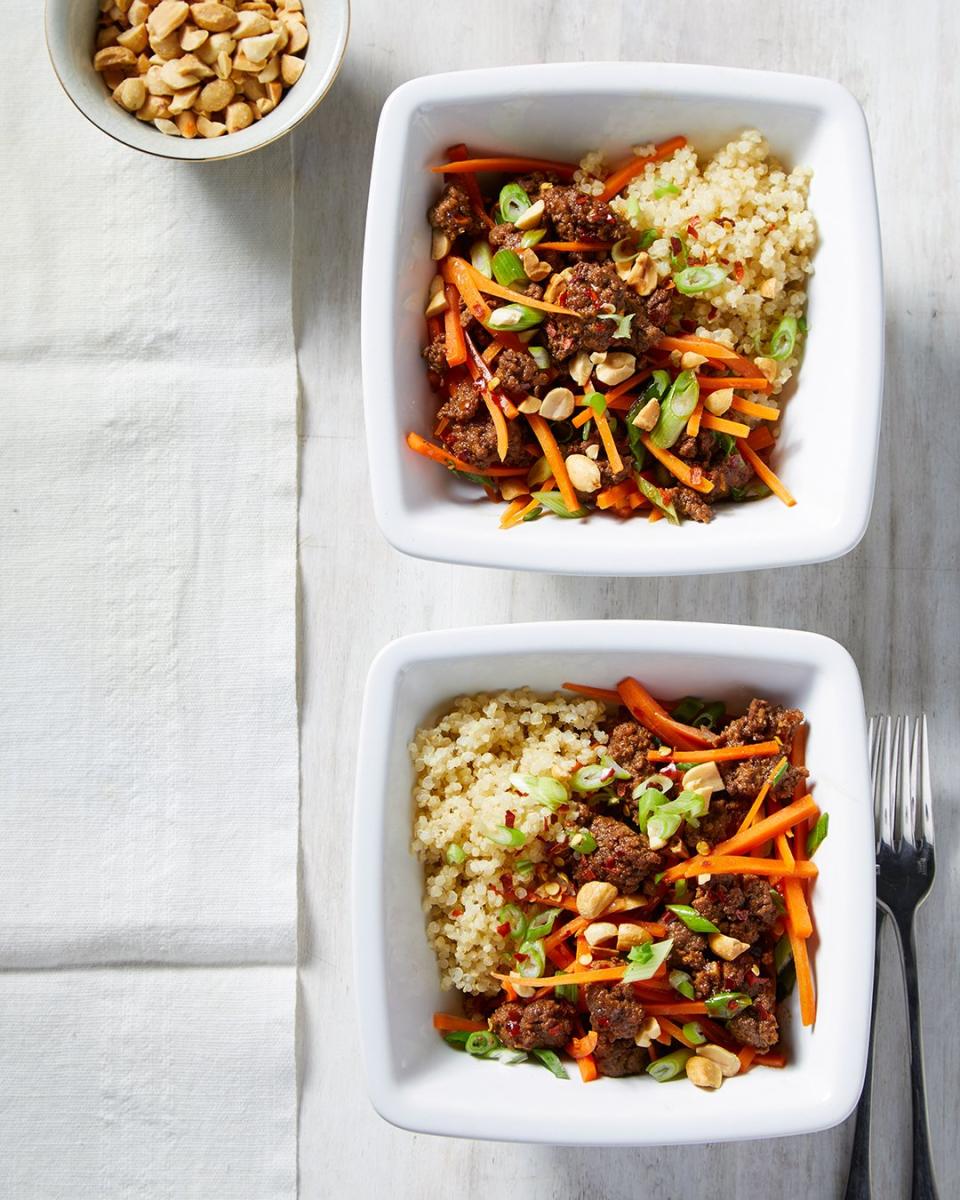 Grain bowls make mealtime a breeze and feature fresh, healthy ingredients. Thanks to the nature of meals in a bowl, each of these grain bowl recipes include multiple food groups. Don't feel like you have to stick strictly to the recipe—add an egg to your quinoa bowl, swap goat cheese for feta, or switch up the grain called for and use your favorite.