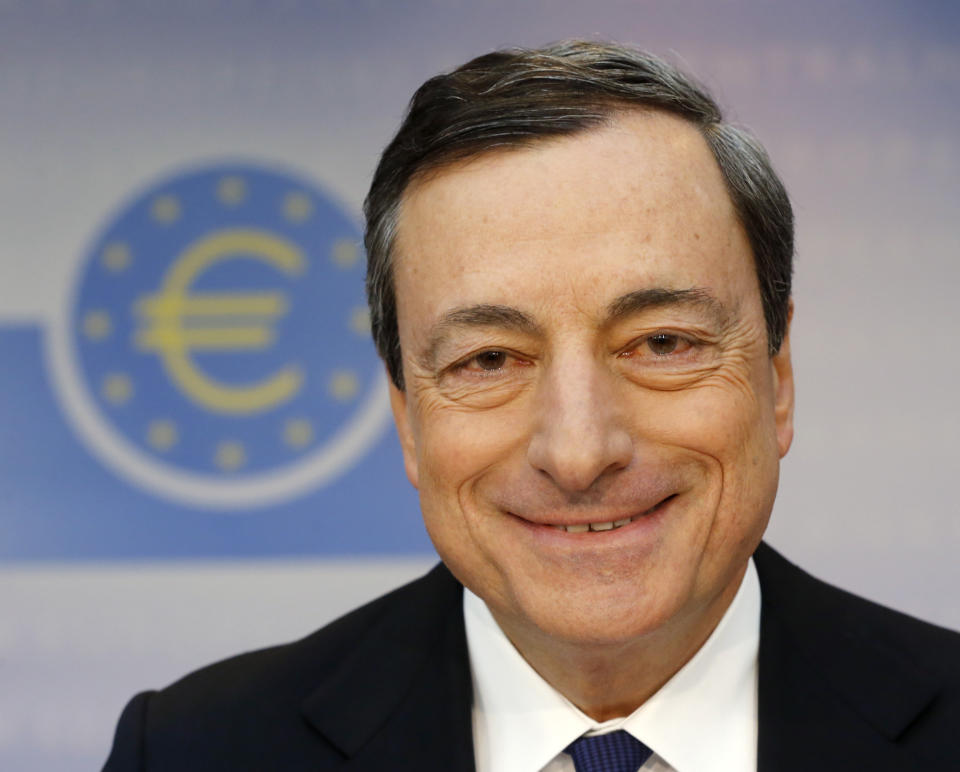 President of European Central Bank Mario Draghi waits for the beginning of a news conference in Frankfurt, Germany, Thursday, April 3, 2014, following a meeting of the ECB governing council. The ECB decided to leave its main interest rate unchanged. (AP Photo/Michael Probst)