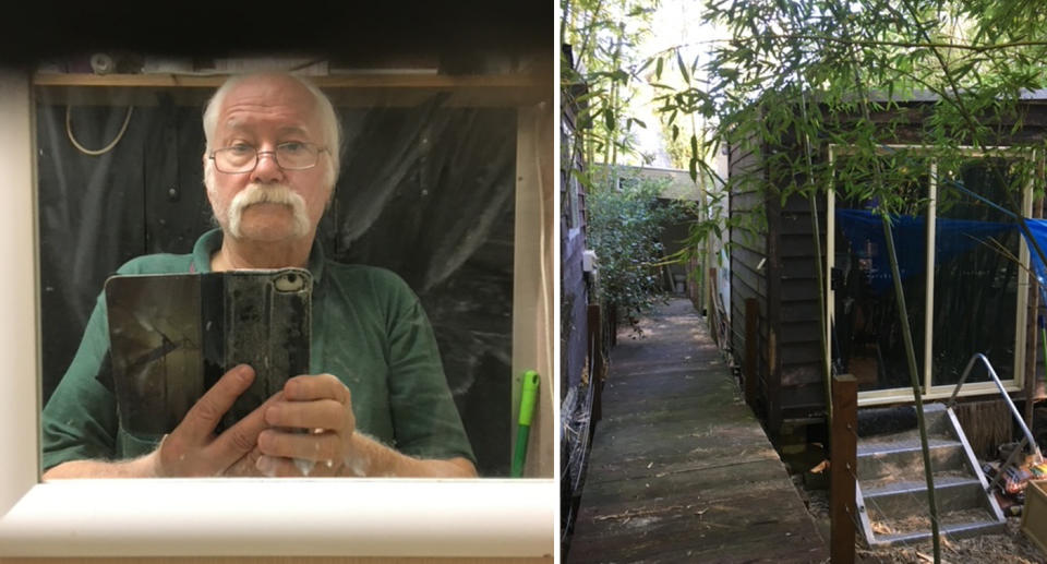 James Buttifant (left) pictured taking a selfie. And his dwelling, which can be seen on the right. 