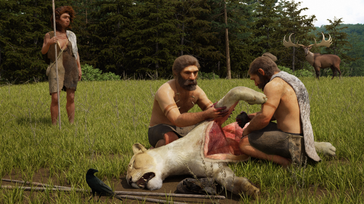  An illustration of Neanderthals butchering the freshly killed cave lion from Siegsdorf. . 