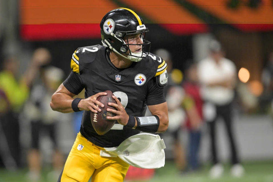 Pittsburgh Steelers quarterback Mason Rudolph looks to pass during the second half of a preseason NFL football game against the Atlanta Falcons Thursday, Aug. 24, 2023, in Atlanta. (AP Photo/Hakim Wright Sr.)