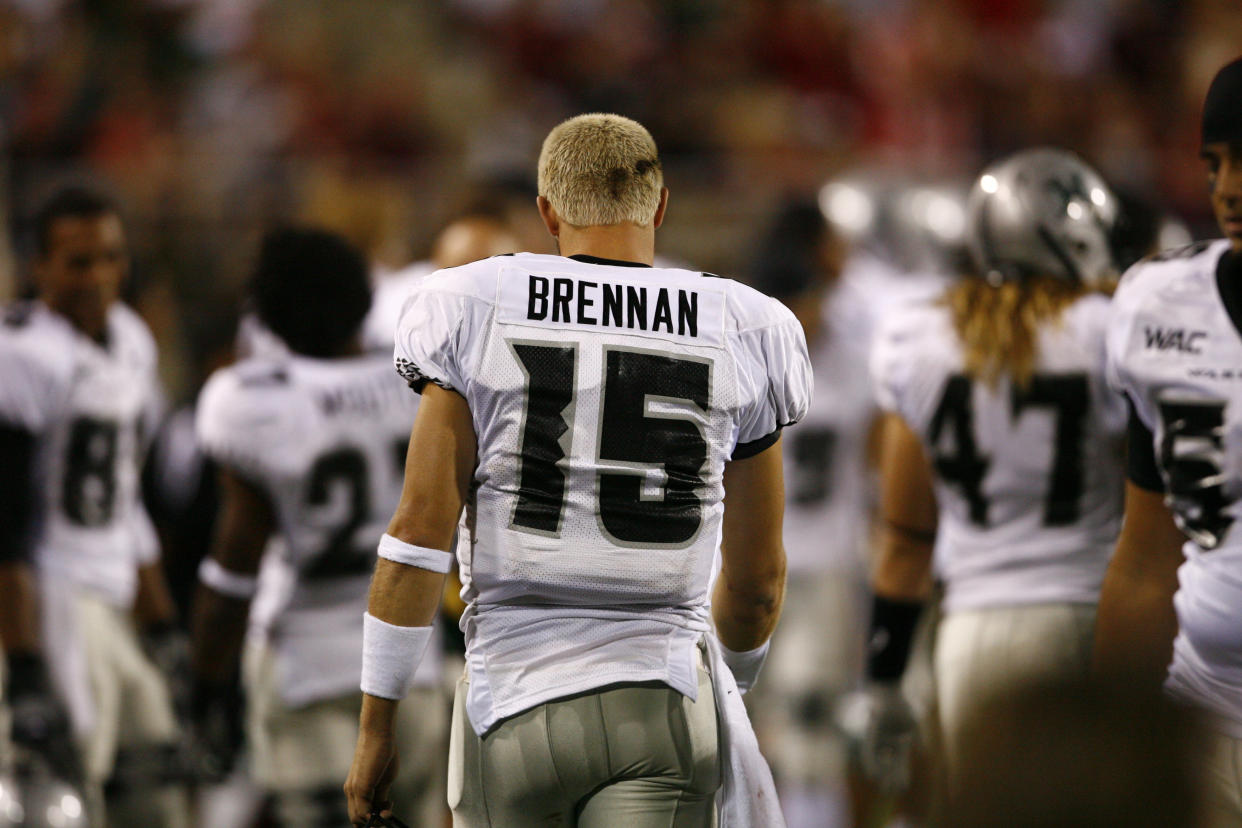 Colt Brennan (15) QB University of Hawaii Rainbow Warriors NCAA Division I-A Western Athletic Conference (WAC) led his team to a 49-14 win over the University of Nevada Las Vegas (UNLV) Runnin Rebels NCAA NCAA Division I-A Mountain West Conference (MWC) at Sam Boyd Stadum in Las Vegas, Nevada. (Photo by David Allio/Icon SMI/Icon SMI/Icon Sport Media via Getty Images)