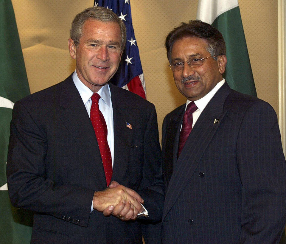 President George W. Bush and Pakistan's President Pervez Musharraf meet on Sept. 22, 2004, in New York. / Credit: PAUL J.RICHARDS/AFP via Getty Images