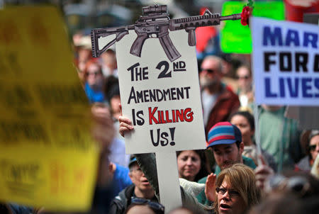 Protestors hold signs during a "March For Our Lives" demonstration demanding gun control in Sacramento, California, U.S. March 24, 2018. REUTERS/Bob Strong