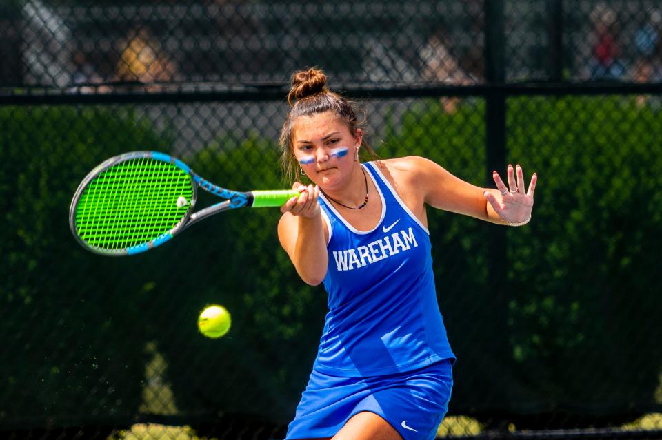 Wareham's Brooklyn Bindas puts some top spin on her forehanded return against  Hamilton-Wenham's Sky Jara in the first singles matchup in the Division 4 State Finals.