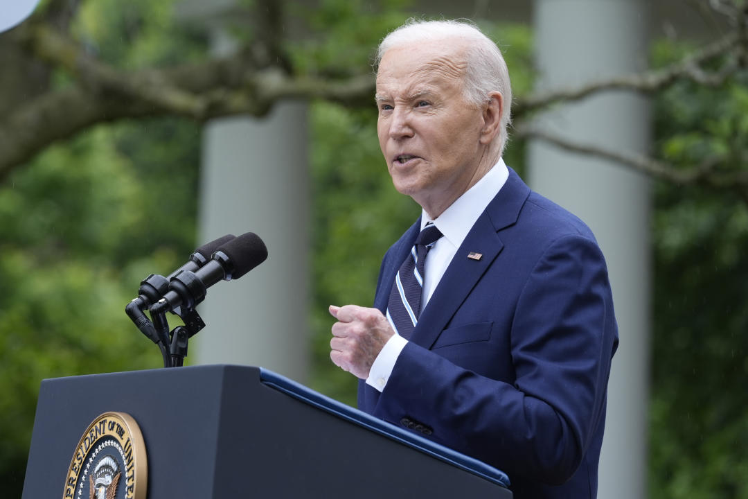 President Joe Biden speaks in the Rose Garden of the White House in Washington, Tuesday, May 14, 2024, and imposes massive new tariffs on electric vehicles, semiconductors, solar equipment and medical supplies imported from China. The plan was announced.  (AP Photo/Susan Walsh)