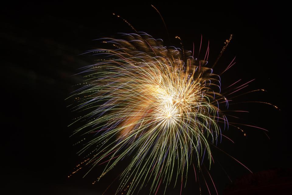 Fireworks go off over Buffalo Springs Lake for the annual fireworks show to celebrate the Fourth of July on Friday, July 3, 2020, in Buffalo Springs, Texas.