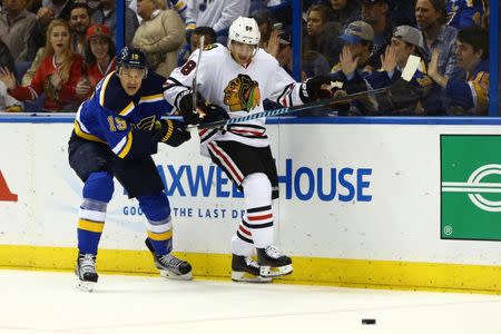 FILE PHOTO: Apr 21, 2016; St. Louis, MO, USA; St. Louis Blues defenseman Jay Bouwmeester (19) and Chicago Blackhawks right wing Patrick Kane (88) battle for a loose puck during the first period in game five of the first round of the 2016 Stanley Cup Playoffs at Scottrade Center. Mandatory Credit: Billy Hurst-USA TODAY Sports / Reuters Picture Supplied by Action Images (TAGS: Sport Ice Hockey NHL) *** Local Caption *** 2016-04-22T025221Z_648576468_NOCID_RTRMADP_3_NHL-STANLEY-CUP-PLAYOFFS-CHICAGO-BLACKHAWKS-AT-ST-LOUIS-BLUES.JPG