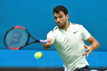 Tennis - Stockholm Open - Men Final - Royal Tennis Hall, Stockholm, Sweden - October 22, 2017. Grigor Dimitrov of Bulgaria returns to Juan Martin Del Potro of Argentina. TT News Agency/Claudio Bresciani/via REUTERS