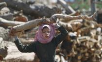 FILE PHOTO: Girl carries a wood pole at a market amid fuel and cooking gas shortages in Sanaa