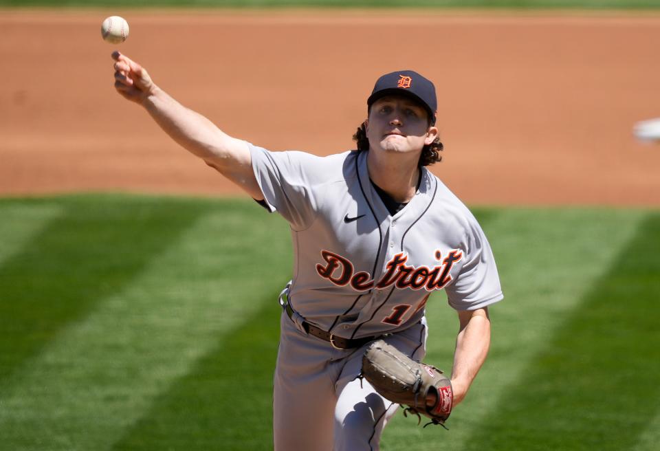 Tigers pitcher Casey Mize throws against the Athletics during the first inning on Saturday, April 17, 2021, in Oakland, California.