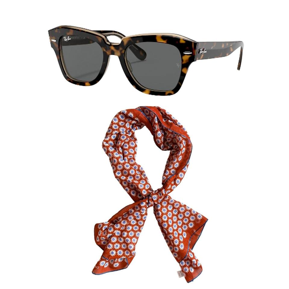 Original Wayfarer Classic sunglasses, £164, Ray-Ban; Drake's Red Floral Cotton Silk Scarf, £139.99, House of Huntington