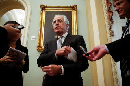 Senator Bob Corker (R-TN) speaks to reporters before a series of votes on legislation ending U.S. military support for the war in Yemen on Capitol Hill in Washington, U.S., December 13, 2018. REUTERS/Joshua Roberts