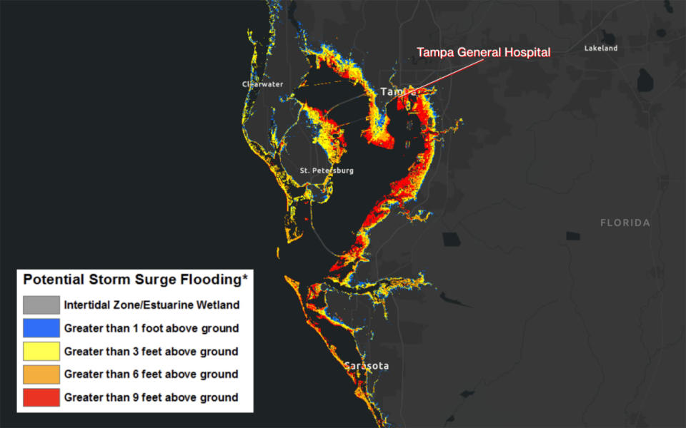 The potential storm surge flooding projections for Tampa Bay as of Tuesday morning.