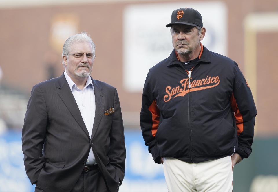 Brian Sabean and Bruce Bochy with San Francisco in 2011.