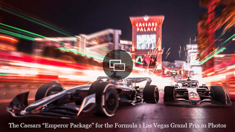 Formula 1 cars racing along the Las Vegas Strip.